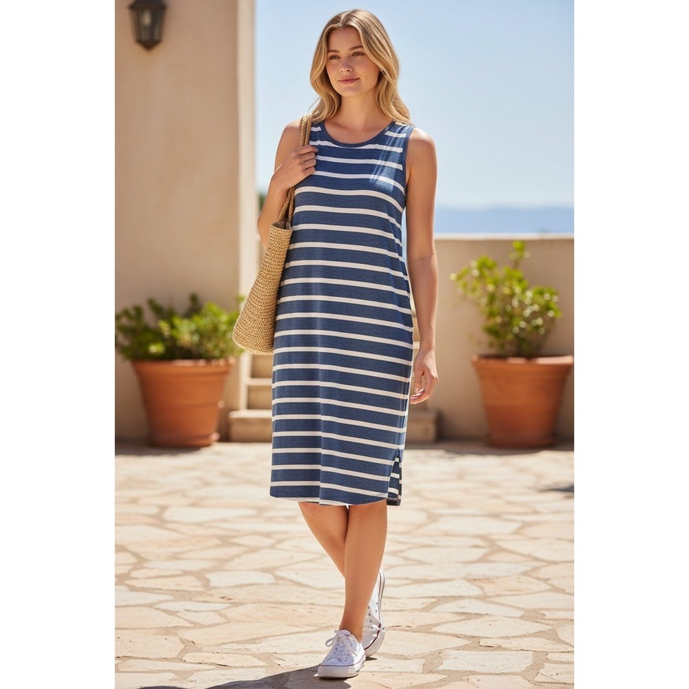 Joules Clothing Riva Blue Cream Strip Sleeveless Jersey Dress Size 12